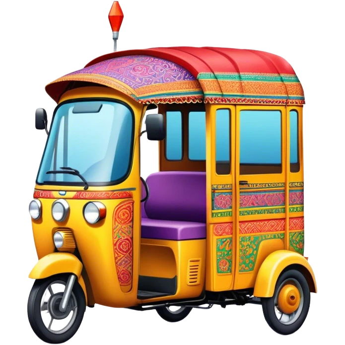 Cinematic Realistic image of a colorful auto rickshaw, rendered with detailed textures and lively, bold hues, set on a bustling urban street with dynamic, vibrant lighting that emphasizes its iconic role emoji