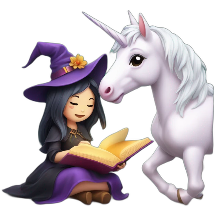 Cute witch and unicorn reading a magic book emoji