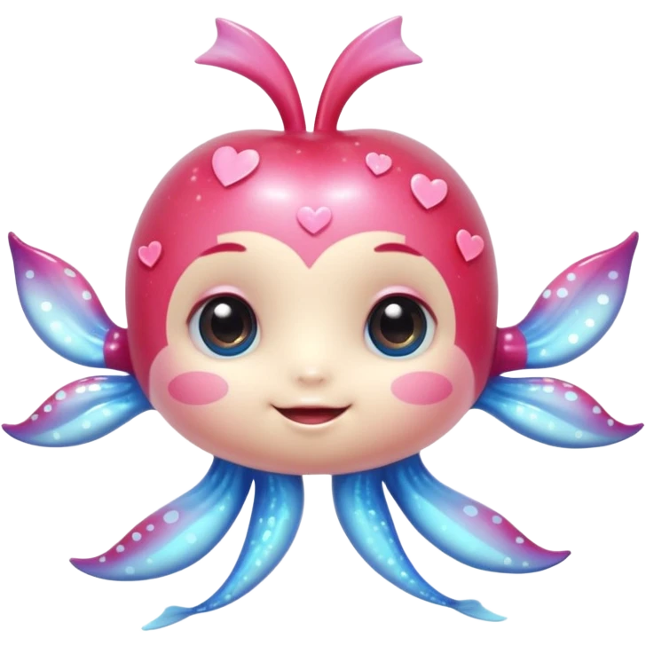 extremely cute detailed underwater creature with shiny plastic look, huge sparkling eyes with highlights, tiny body, friendly smile, rosy cheeks, fine textures, soft pastel colors with bright accents, small accessories like hearts or bows, detailed shading and highlights, apple style emoji emoji