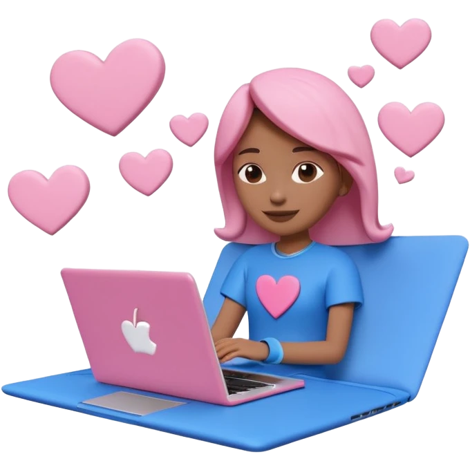 3D clay character relaxed with laptop and coffee, floating icons (envelope, heart, dollar), electric blue (#4A90D9) outfit, pink (#FF6B9D) floating icons, white laptop, Pixar style, transparent background emoji
