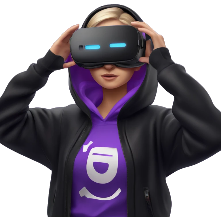 Russian girl wearing black hoody with violet letters "OMG", in vr headset oculus quest2. Standing like jedi. Cyberpunk style. Violet neon. emoji