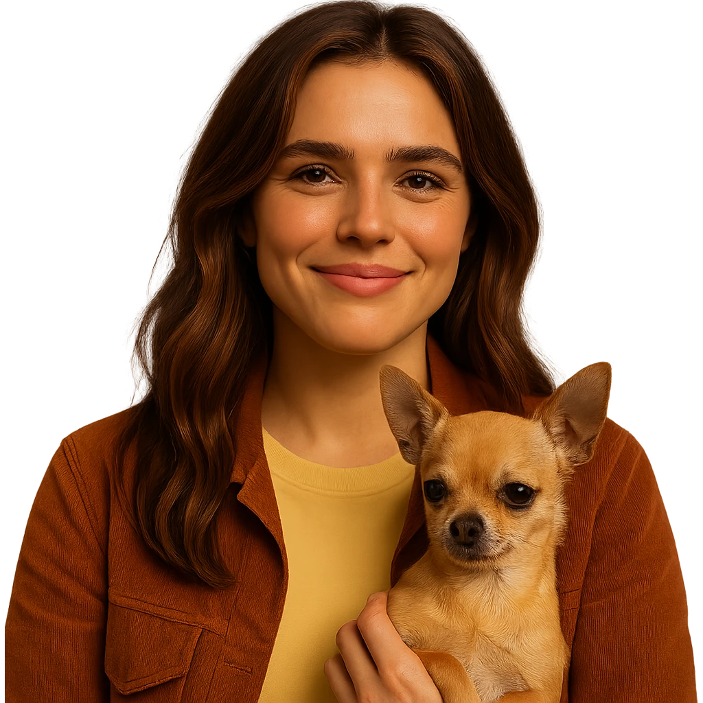 Centered portrait for Instagram profile picture inspired by the facial features visible in the reference images, with a tanned complexion, subtle freckles, shirt color #FFF8CA, rust-colored jacket, medium-length brown hair with auburn highlights, proud and joyful expression, holding a beige-brown chihuahua, Netflix series style, transparent background, intimate Tenerife ambiance. emoji