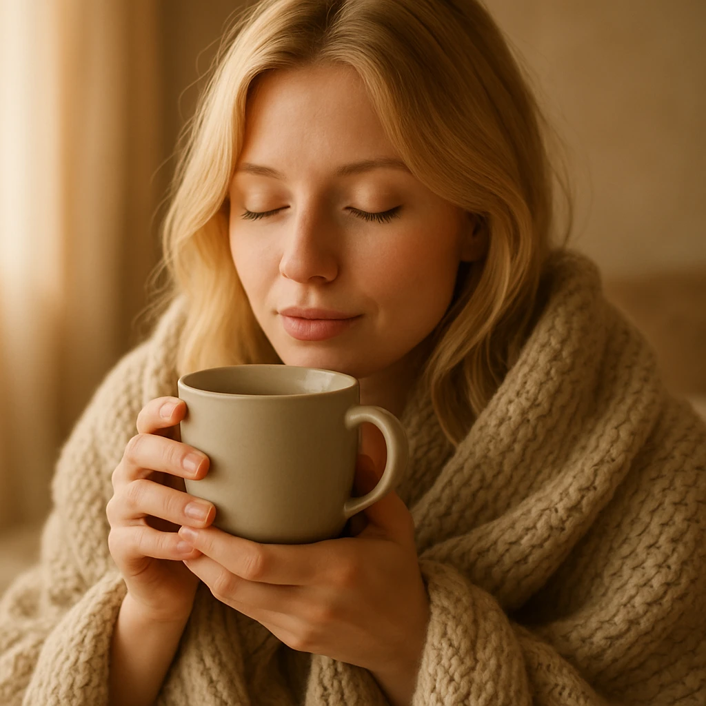 blonde girl cozy in a blanket, drinking coffee with eyes closed, warm and serene atmosphere, soft and cozy style emoji
