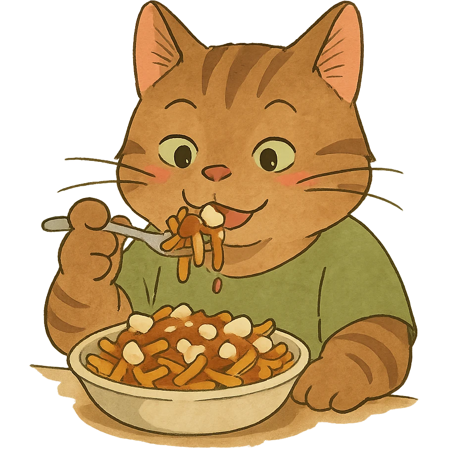 ghibli style cat eating poutine emoji