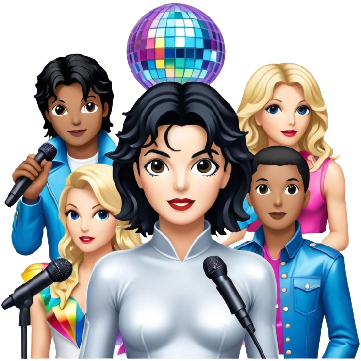 Pop music icon: vibrant stage with bright lights, microphone, synthesizer, disco ball. Collage of famous pop artists—Michael Jackson, Madonna, Britney Spears, and Taylor Swift—symbolizing iconic eras. Energetic and dynamic. Transparent background. emoji