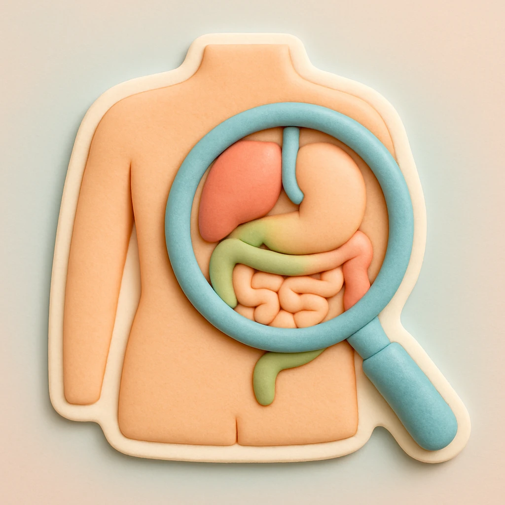 sticker showing a magnifying glass highlighting the abdomen with visible organs, medical illustration style, clinical, clean, anatomical details emoji
