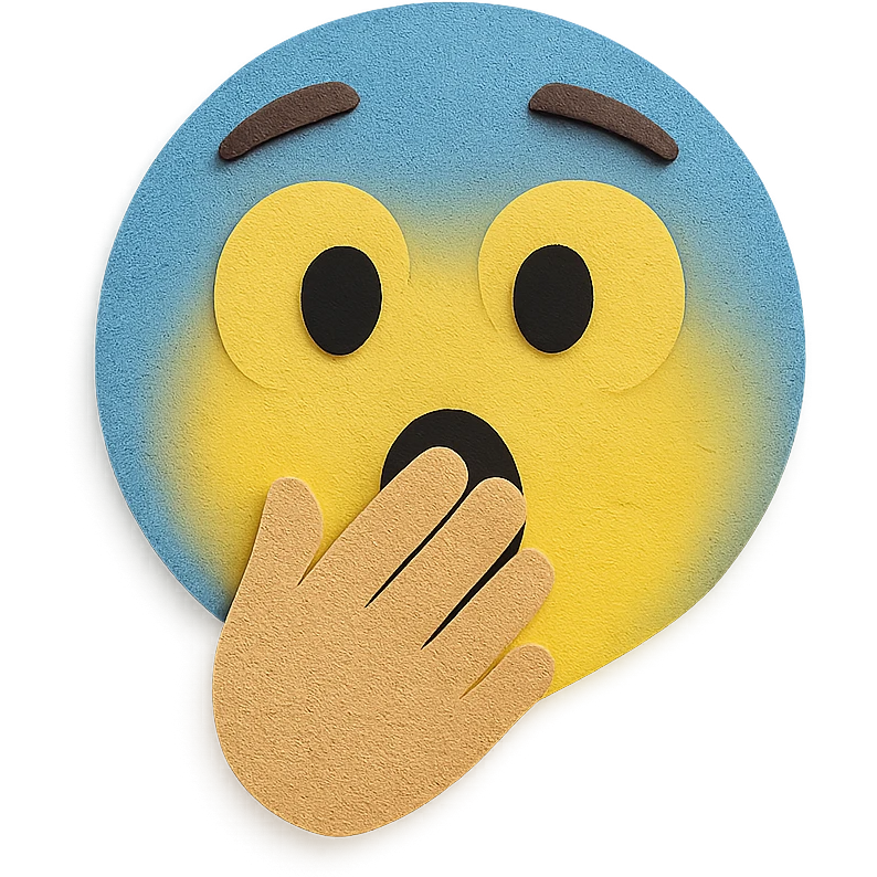 surprised face with hand over mouth, blue paper background, paper craft style emoji