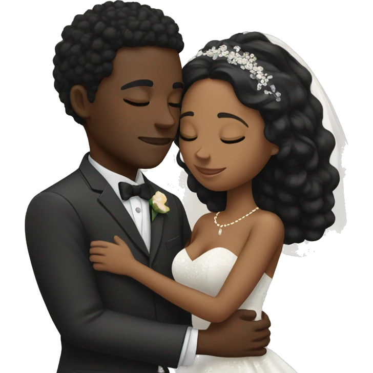 African Bride and Groom. Brown skin. Black long curly hair. Short black haircut. Hugging each other. Eyes closed. emoji