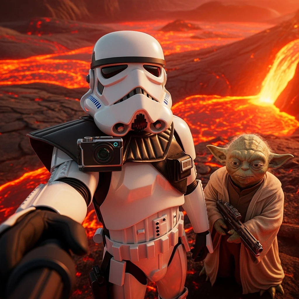 Cinematic still, selfie camera, Starwars stormtroopers vlogging , he is walking on lava planet with yoda emoji