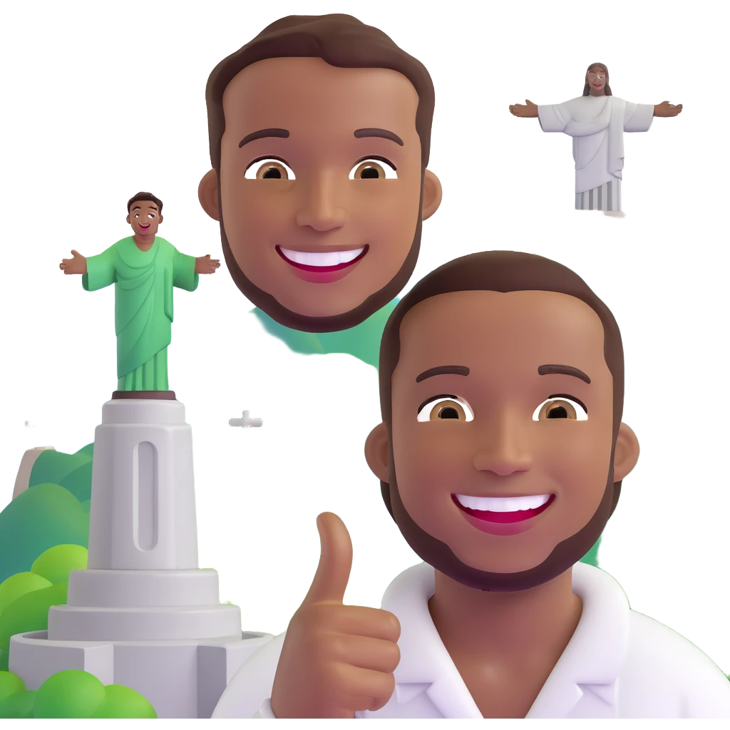 smiling black man with big teeth, standard male haircut, oval face, with Christ the Redeemer statue in the background, Rio de Janeiro, no glasses emoji