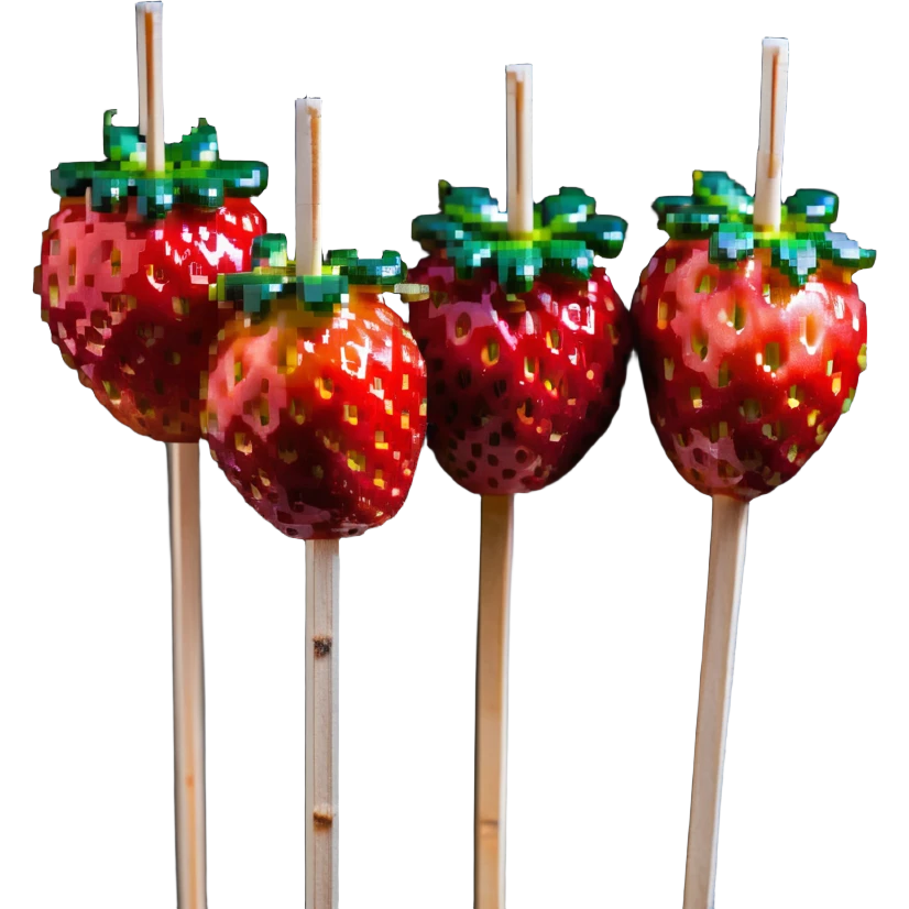 three strawberries on a wooden skewer coated in shiny sugar glaze emoji