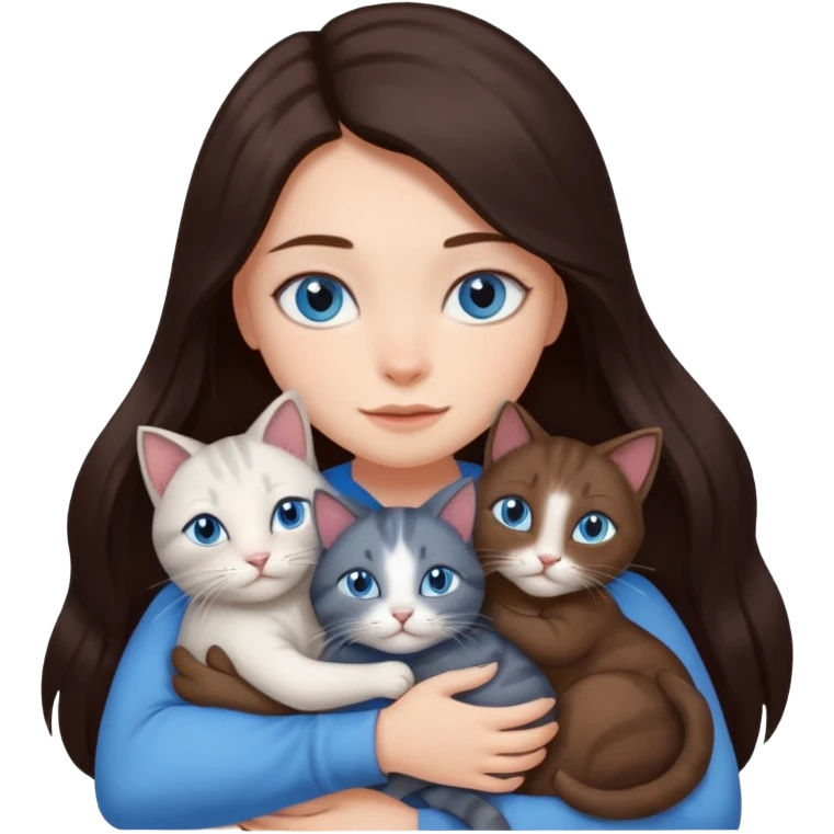 a girl with long dark 
brown hair, with blue eyes, hugs 3 different natural coloured cats emoji