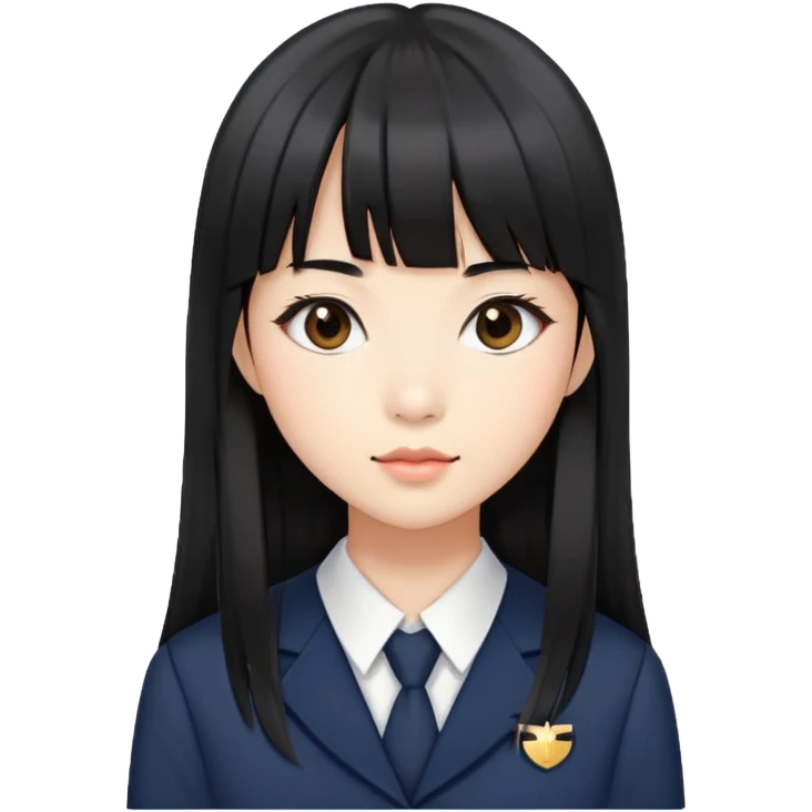 Asian woman in a chic school uniform, long black hair with straight bangs, and visible makeup emoji