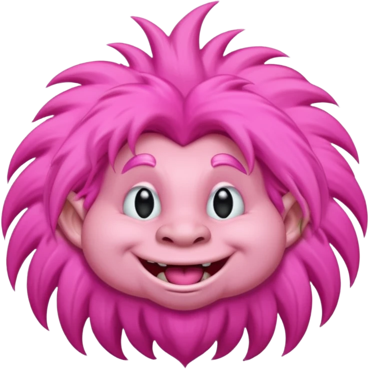 pink troll with long fluffy hair, cheerful expression emoji