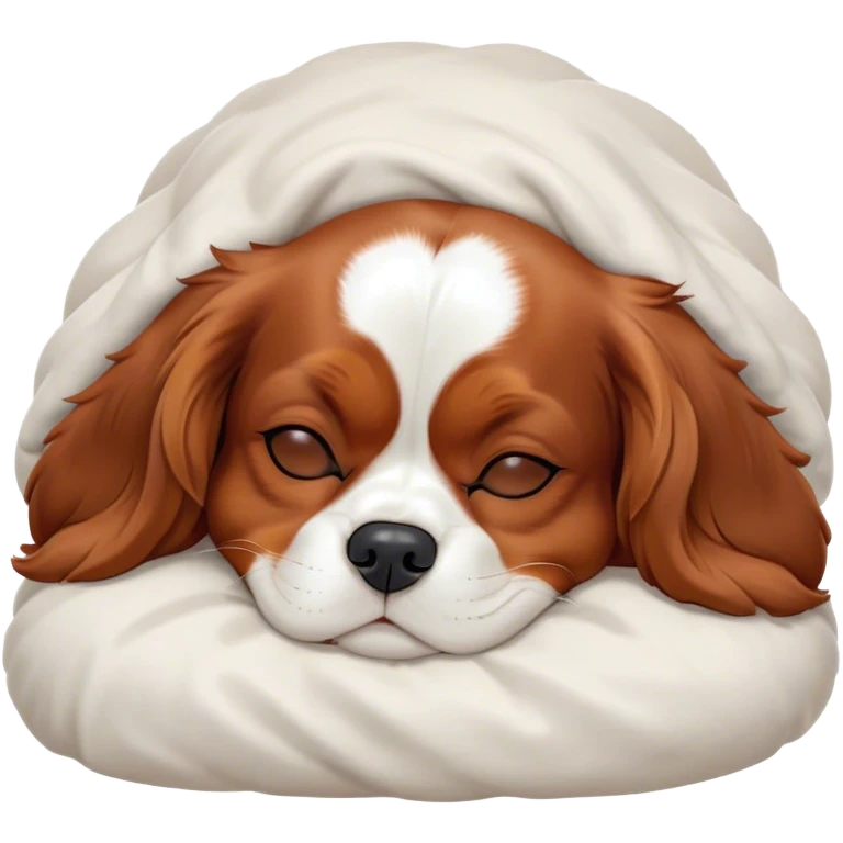 Cinematic Meme-Worthy cute Sleeping Cavalier King Charles Spaniel Portrait Emoji, Head resting peacefully with a contented smile, showcasing a delightfully cute build and a luxuriously soft coat of chestnut and white, eyes shut in a serene nap, Simplified yet hilariously adorable features, highly detailed, glowing with a soft, drowsy light, high shine, relaxed and utterly lovable, stylized with an air of playful laziness, bright and heartwarming, soft glowing outline, capturing the essence of a comically sleepy Cavalier King Charles Spaniel, so meme-worthy it feels like it could instantly become the next viral sensation of adorable slumber! emoji