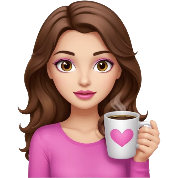girl with long wavy brown hair, brown eyes, long lashes makeup, sexy pink lips, light to medium complexion, pink sexy top, with a coffee mug emoji