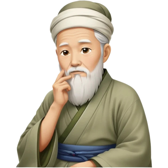 Old oriental sage with white beard and traditional Chinese clothing in contemplative pose, looking thoughtful with hand on chin emoji