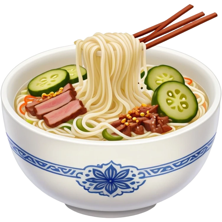 Guilin rice noodles with pickles and meat topping, simplified emoji style with bold outlines and bright colors, cartoon style rice noodle bowl emoji