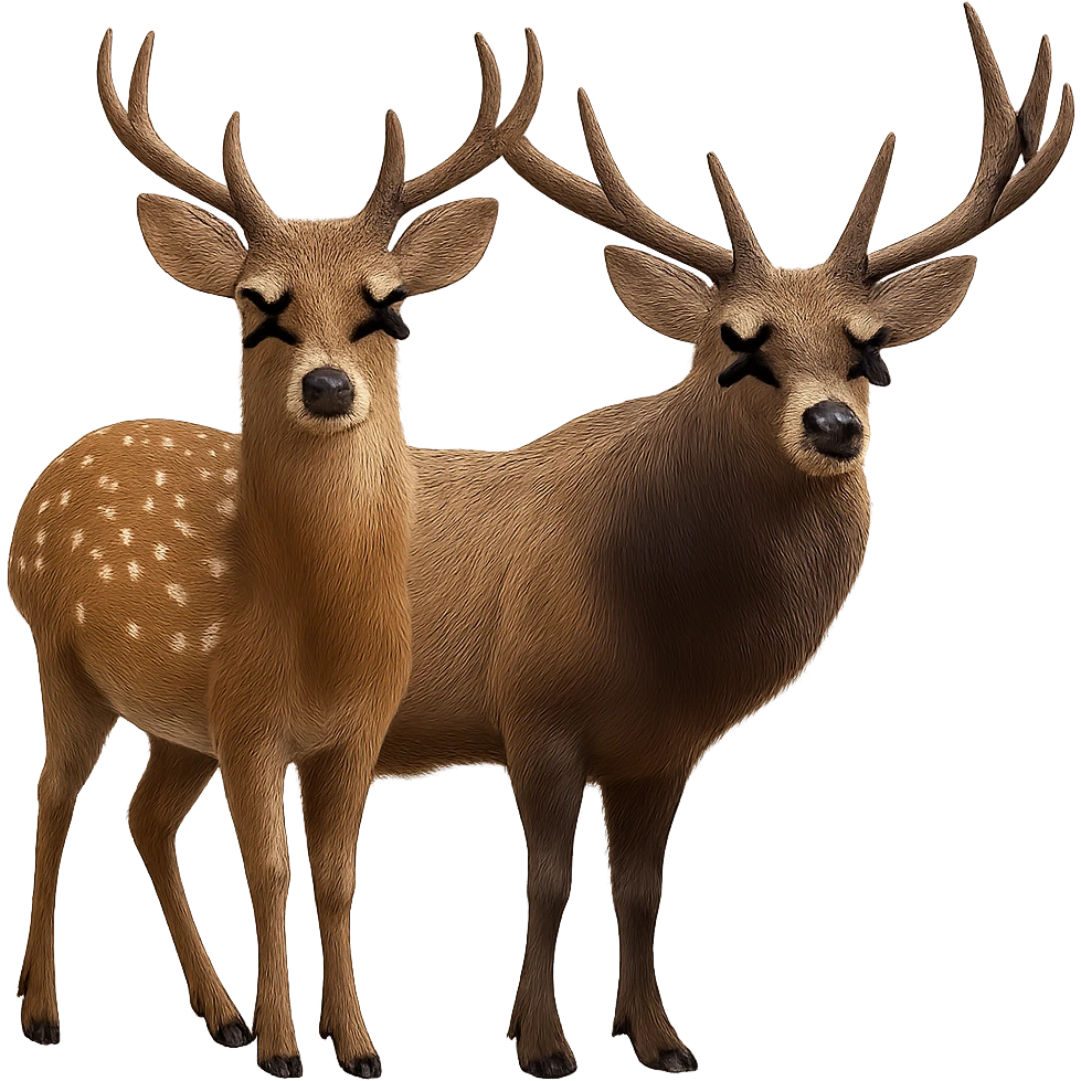 Add cartoon X's to the eyes, matching the style and position of the X's on the deer. Make sure all X's are identical and keep the background transparent. Do not change anything else. emoji