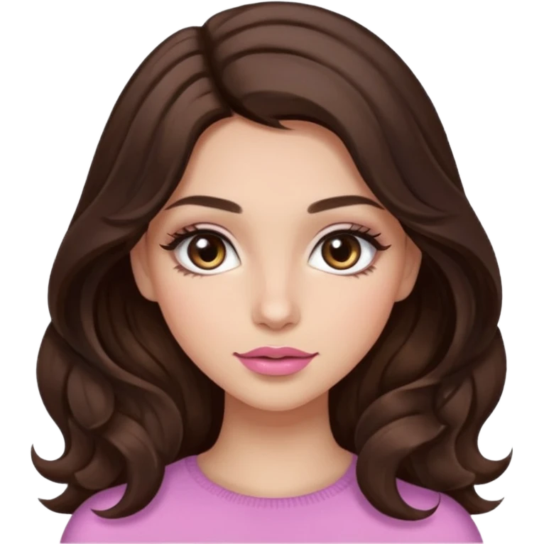 girl with wavy long dark brown hair, brown eyes, light to medium complexion, long lashes, almond shaped eyes, light pink lipstick emoji