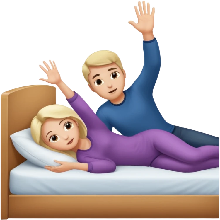 A bed with a girl laying down and a man putting his hand up. emoji