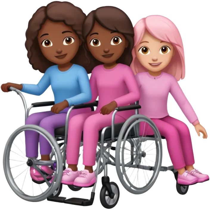 One dark skinned sister and one tan skinned sister pushing her light brown sister in a pink wheelchair emoji