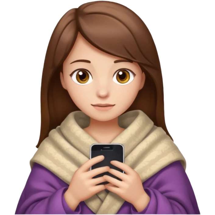 создай девушку с телефоном в руках (айфон) в стиле Emoji  iOS. 
У девушки длинные коричневые волосы, карие глаза, она сама светлая кожа, без макияжы, сидилит укутавшись в плед emoji