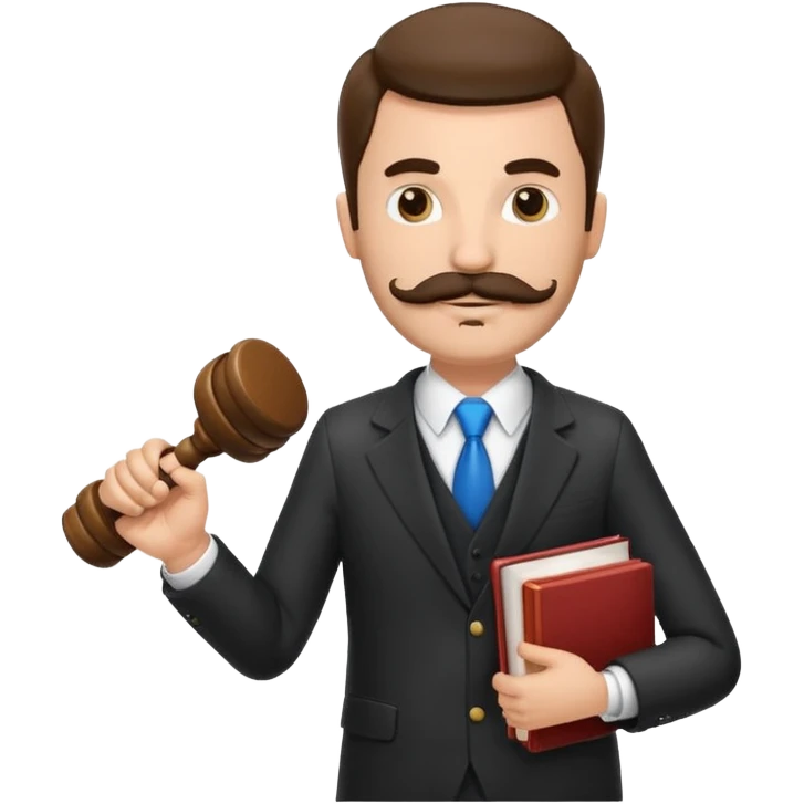 Create a male lawyer. he is wearing a fromal suit jckeret. He is holding a gavel in one hand and a book tucked under his another arm. He has a mustache and BEARD both! emoji