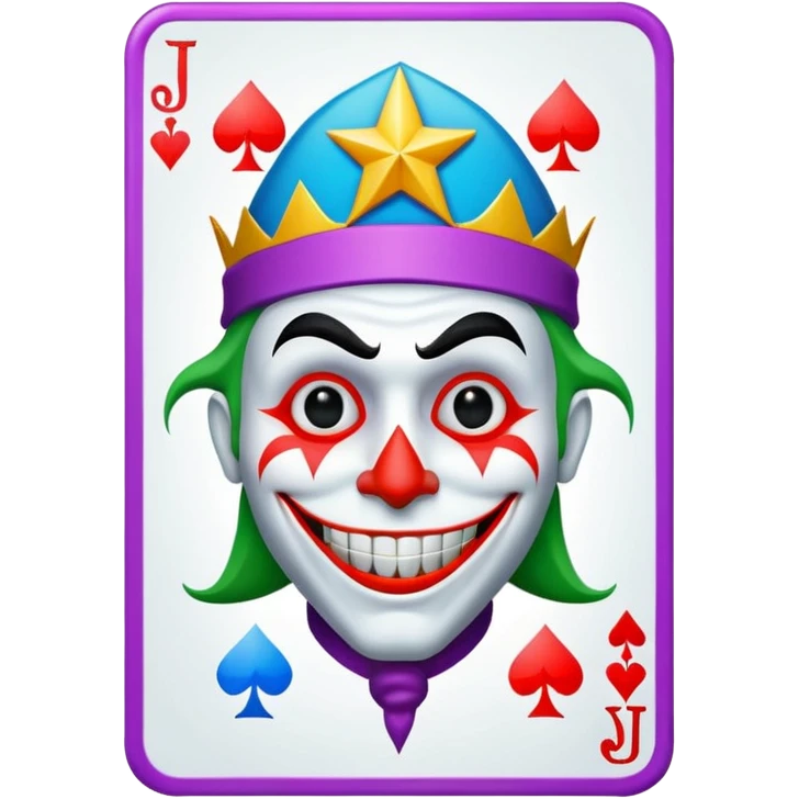 1 poker card, perfectly squared card, with crazy colorful human jolly joker inside, star symbol with a "J" emoji