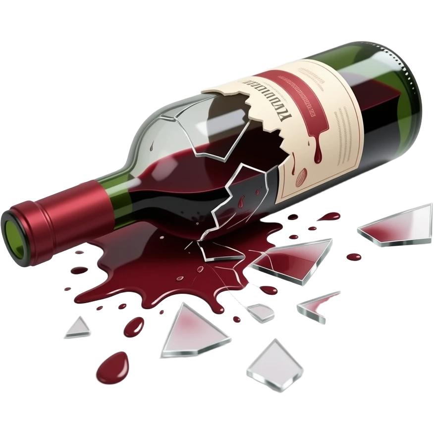 A broken wine bottle on the floor, shattered with sharp glass pieces scattered around. Red wine spilled across the surface, forming dark liquid puddles and splashes. The label is partially visible, torn and wet. Soft dramatic lighting, no people, clean indoor floor, realistic and detailed. emoji