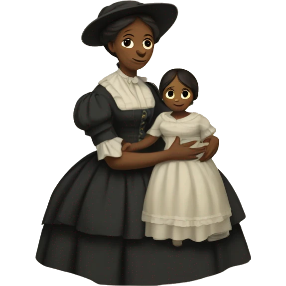 A 19th century woman with a child in her arms. There is a big letter "A" on the dress emoji