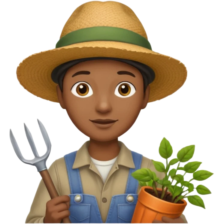 black gardener holding gardening tools, with hat emoji
