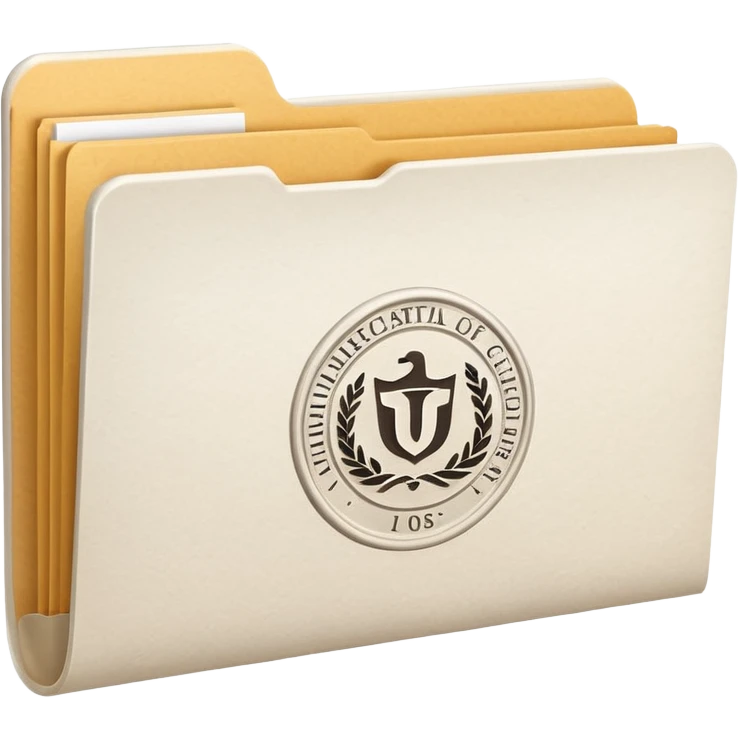 A simple emoji-style icon of a white textured paper folder, clean and formal, with sharp edges, minimal shading, and an embossed university degree/certification seal on the front, conveying academic achievement and official records. white white white  emoji