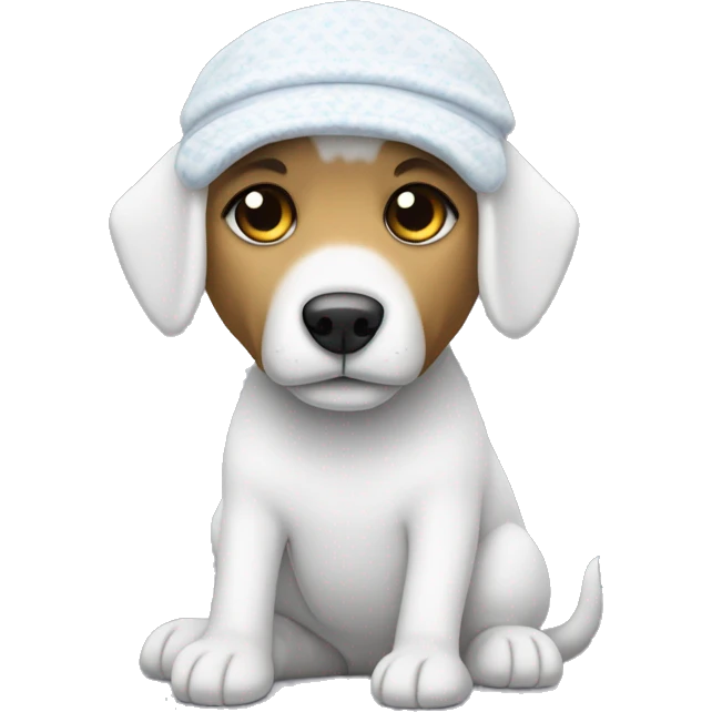 Un perro de peluche blanco con un pijama y un gorro blanco y muy delgado emoji