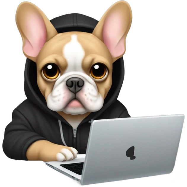 A light brown French bulldog with wearing a black hoodie while sitting in a gaming chair while investing in crypto on a light grey laptop ￼ emoji