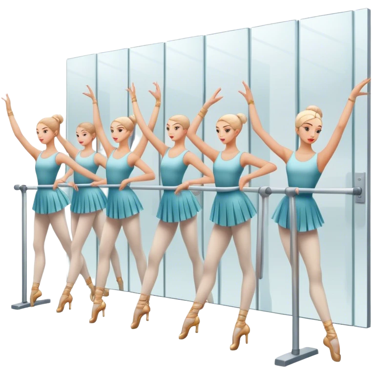 Icon for Choreography: a group of dancers in identical poses, standing by a wall with all wall long mirror, holding a long barre with one hand. The icon should capture the discipline and synchronized movement of dance training. Transparent background. emoji