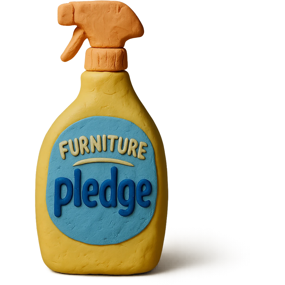 claymation style bottle of furniture polish inspired by Pledge, yellow and blue label, pastel colors, visible fingerprints, soft matte finish emoji