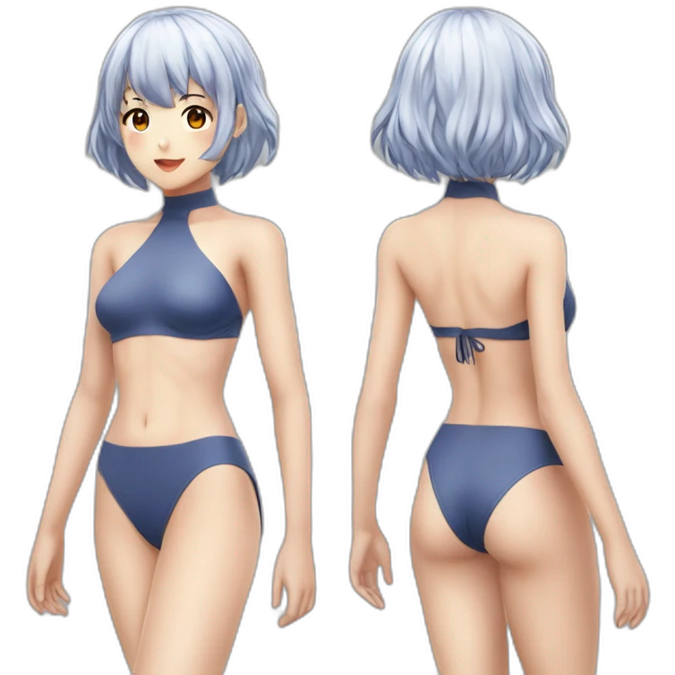 realistic full body rei ayanami nue short hair teen back and front views bikini emoji