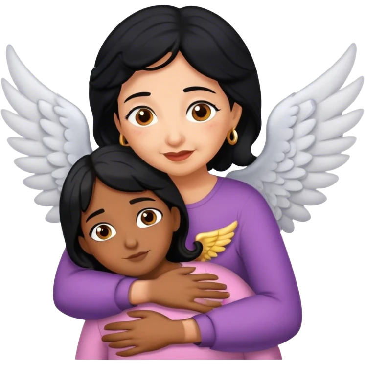 Abuela con pelo negro y alas abrazando niña morena emoji