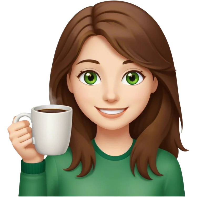Long, Brown haired girl with middle hair part, with green eyes, smiling, waving with one hand, coffee mug in the other emoji