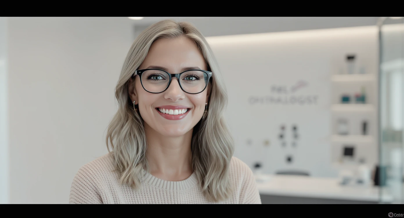 Cinematic still, Proffesional advertising of a smiling european white woman with glasses smiling, minimalistic ophthalmologist interior in background, leading  lines, "rule of thirds", 60/30/10 colors, soft light emoji