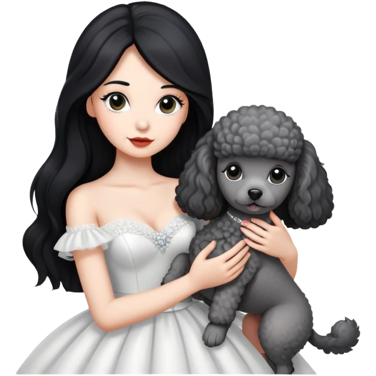 A beautiful girl with long black hair in a wedding dress holds a small gray poodle emoji