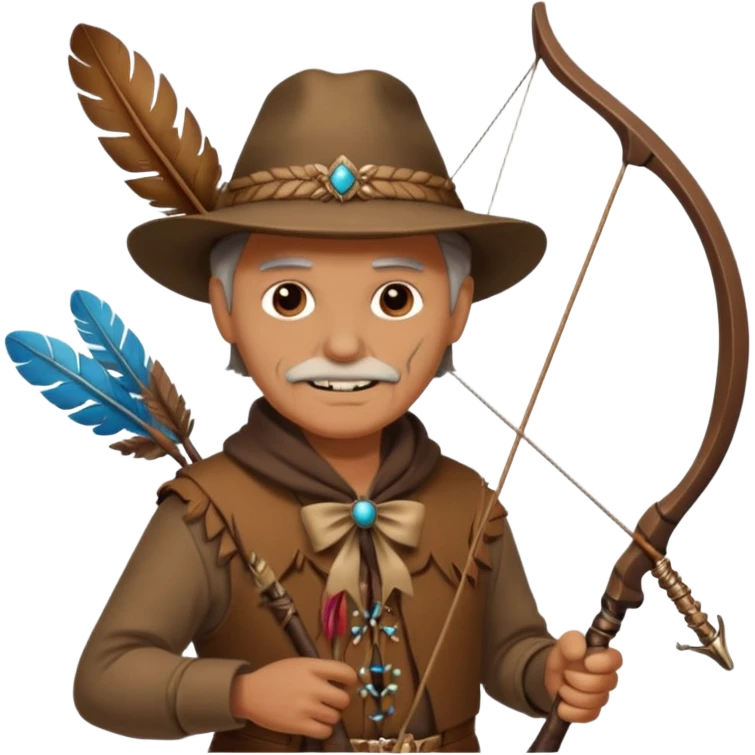 The classic image of a middle-aged uncle hunter carrying a bow, dressed in brown clothes, with some ornaments made of feathers, bones or teeth on his body. emoji