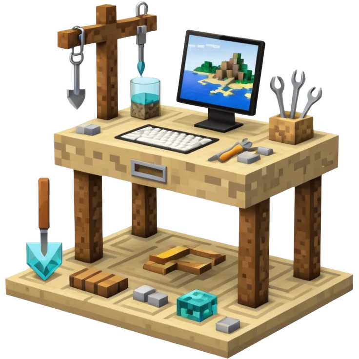 minecraft crafting station with tools, stone, wood, glass, sand, ... emoji