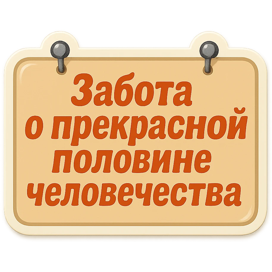 flat rectangular beige sign with light shadow, two nails at the top, retro sticker style, text 'Забота о прекрасной половине человечества' in two compact and readable lines emoji