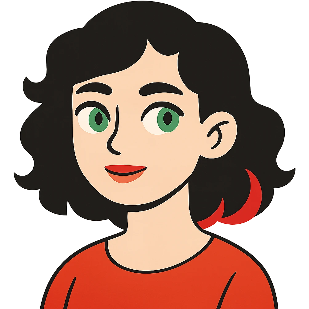 flat toon style girl with green eyes, white skin, wavy black hair, red hair at the back of her neck emoji
