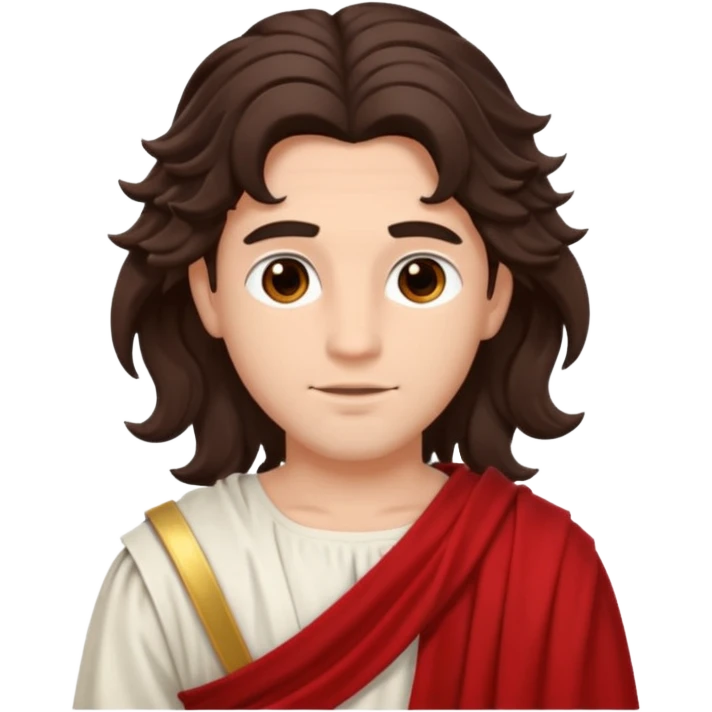 Adonis from The Olympians with long dark brown wavy hair, red toga emoji