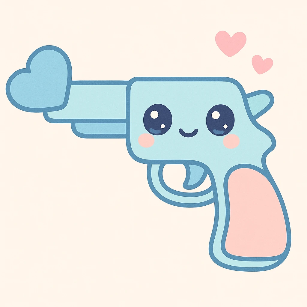 blue heart pistol, kawaii style, cute face on the handle, big eyes emoji