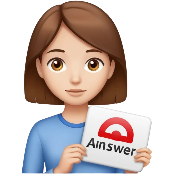 A girl with brown hair holding a sign saying ALAN ANSWER  emoji