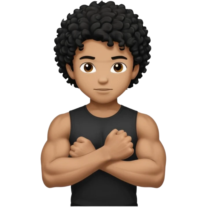 muscular teen boy with veiny hands arms and biceps. has messy black curly hair with dark-tan skintone with black tshirt emoji